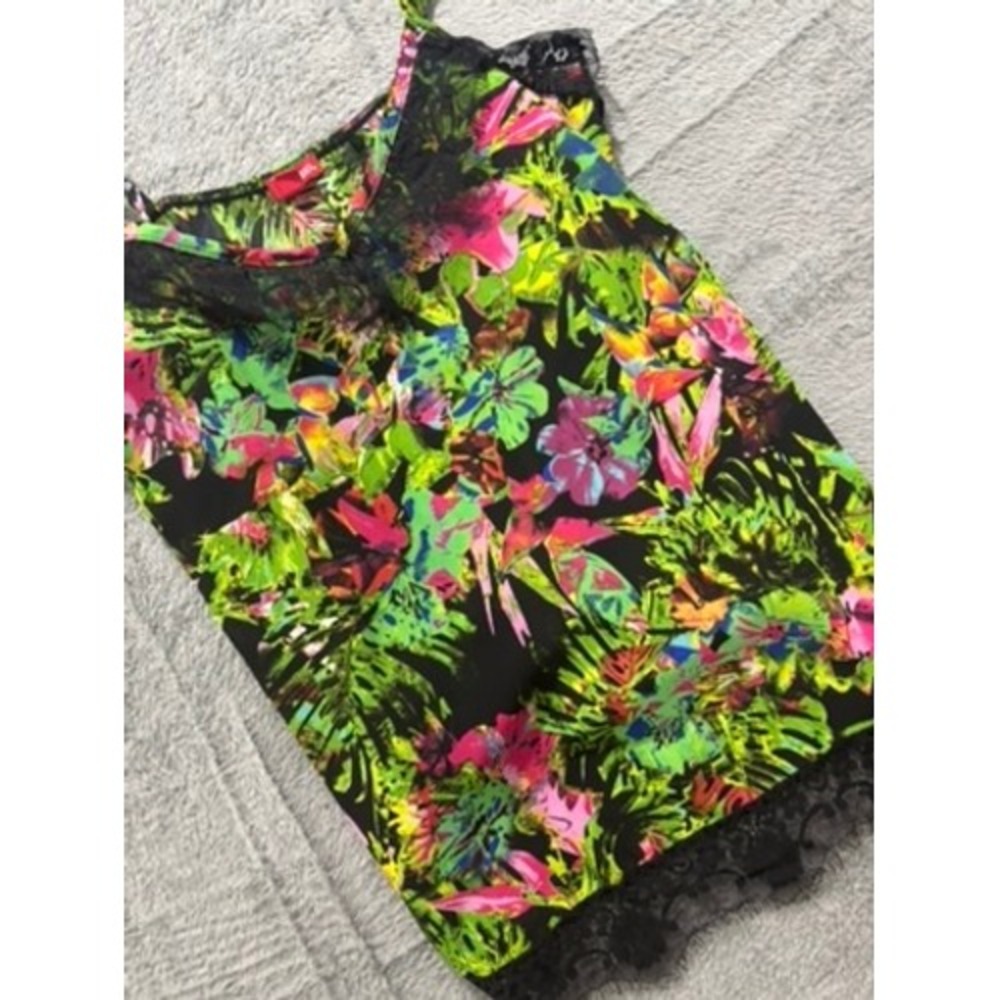 Bongo Tank Top Womens Medium Floral Neon Lace Trim Y2K Clubwear Cami